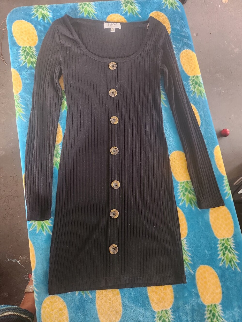 Black Ribbed Long-Sleeve Button-Front Dress